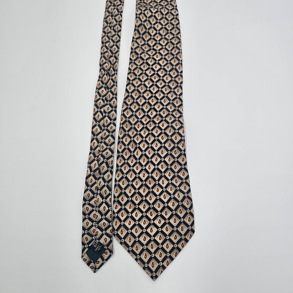 Brookcraft Silk Tie Handmade in Italy Geometric Diamond Pattern Navy Tan Vintage